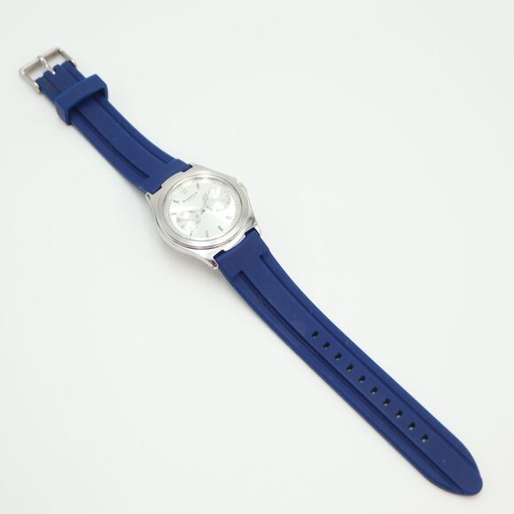 Kenneth Cole NY Mens Day Date Watch 37mm Silver Tone Blue Silicone w New Battery - Picture 14 of 16